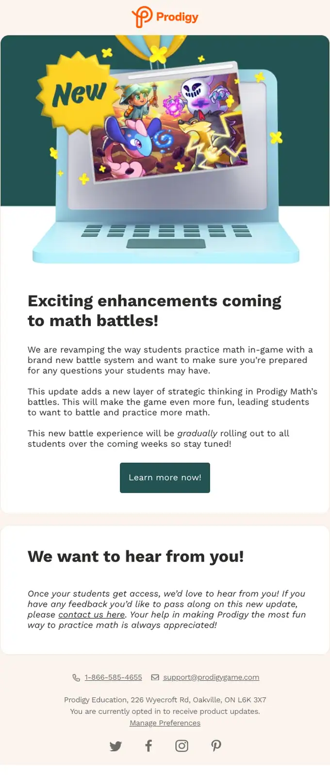 Prodigy Education account notice email, full length