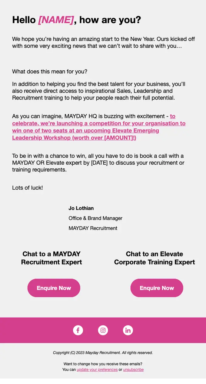MAYDAY Recruitment Group promotional email, full length