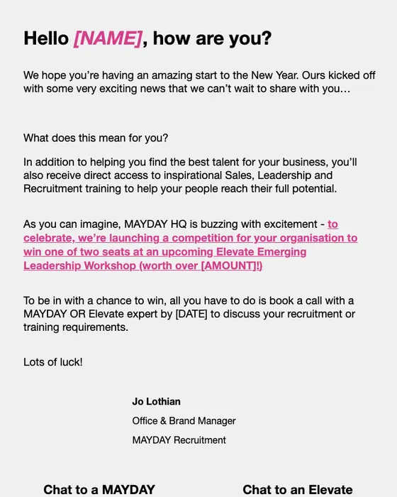 MAYDAY Recruitment Group promotional email
