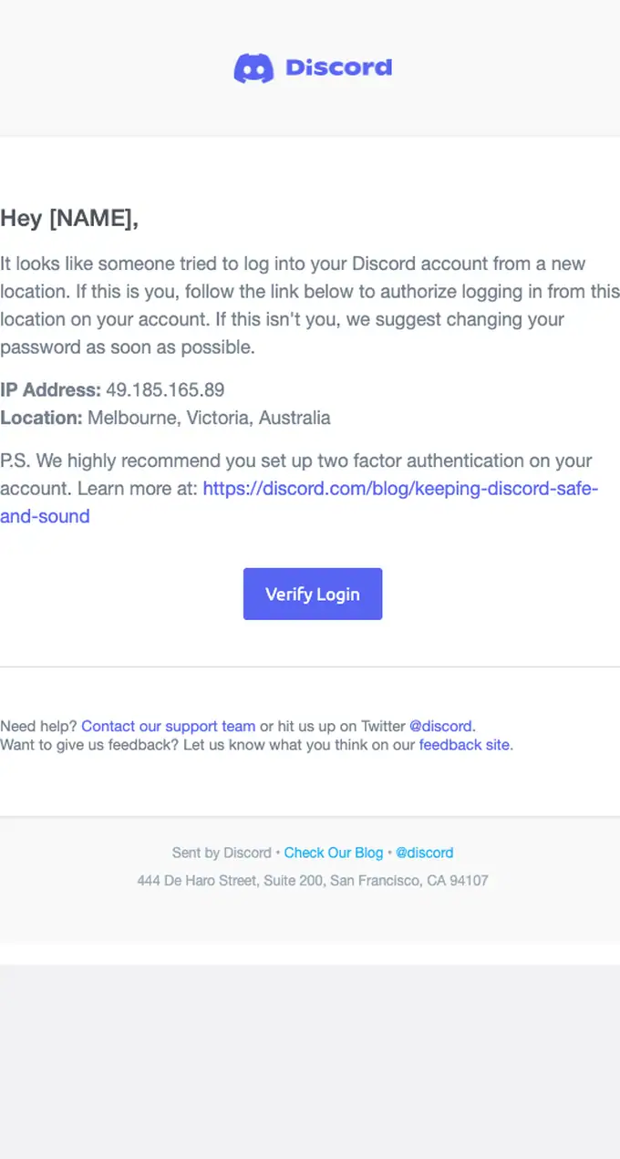 Discord security alert email, full length