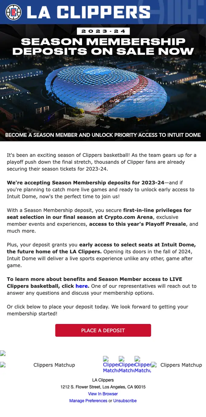 LA Clippers promotional email, full length