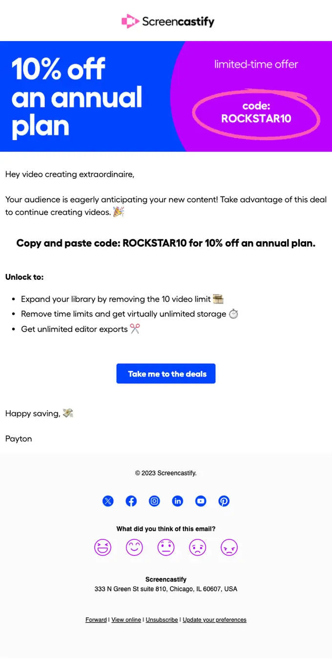 Screencastify discount offer email, full length