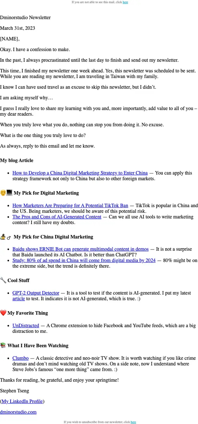 Dminorstudio newsletter email, full length