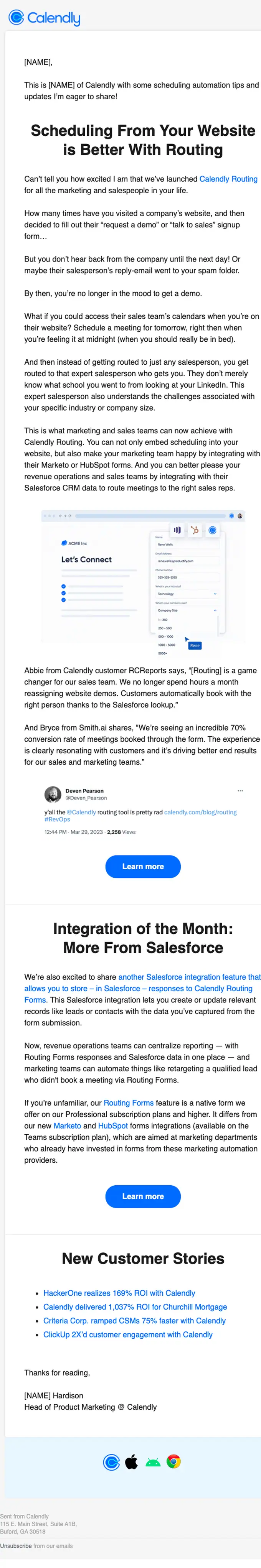 Calendly product launch email, full length