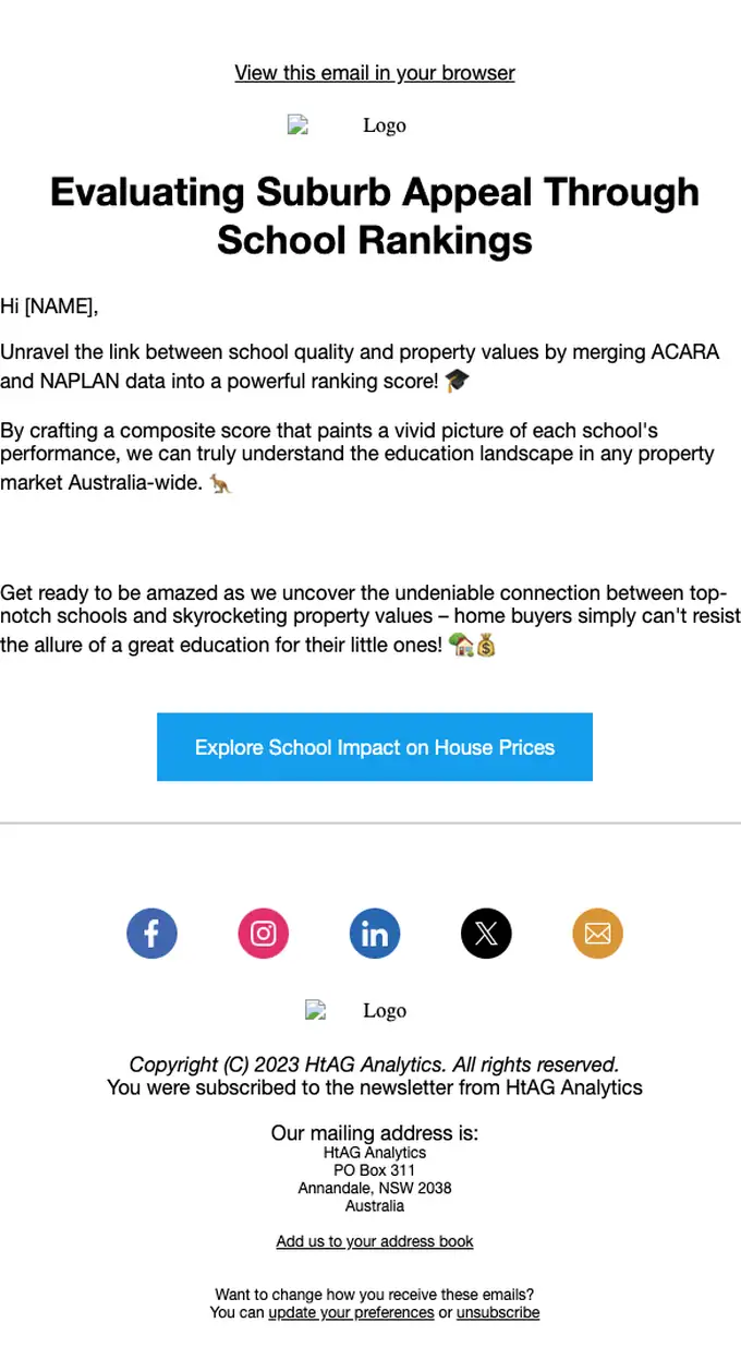 HtAG Analytics promotional email, full length
