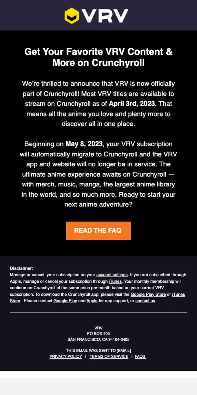 Crunchyroll account notice email, full length