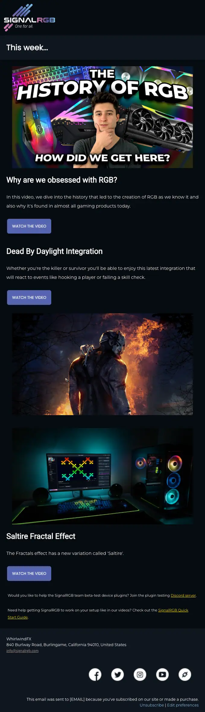 SignalRGB newsletter email, full length