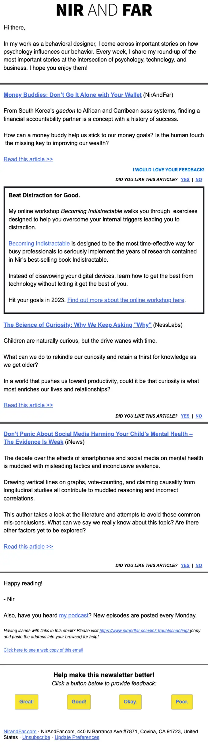 Nir Eyal newsletter email, full length