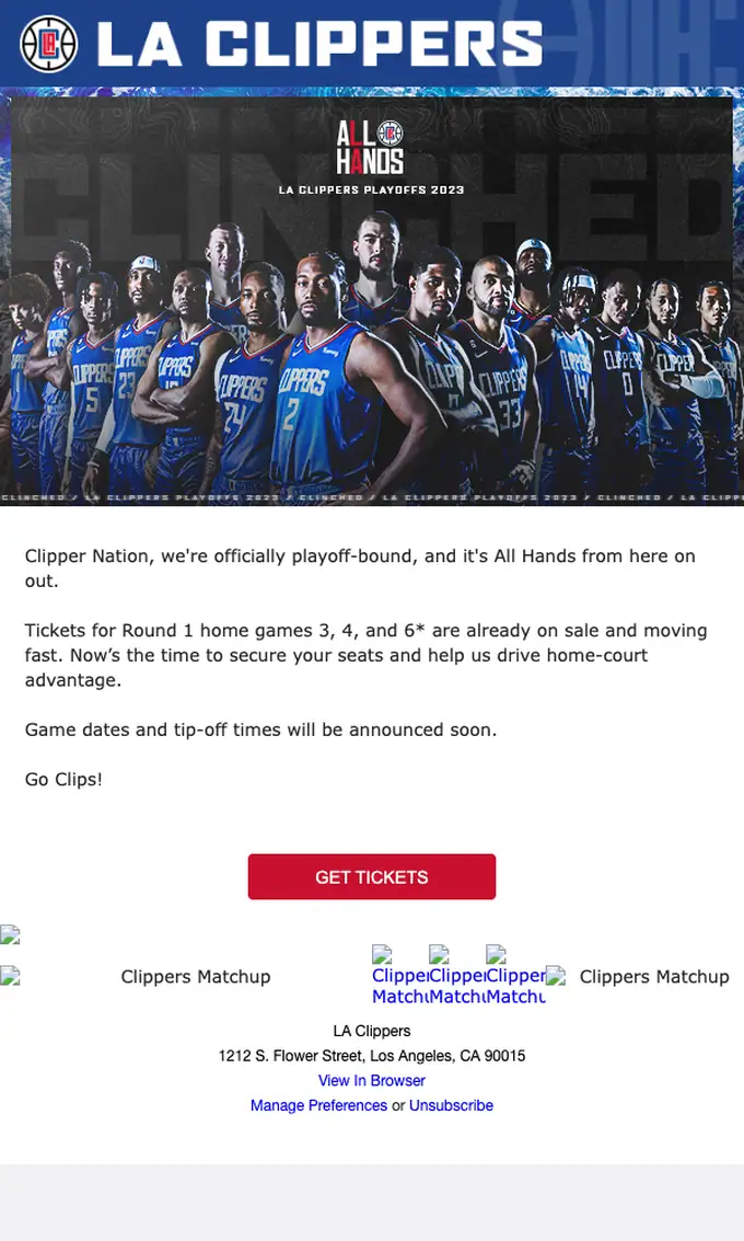 LA Clippers promotional email, full length