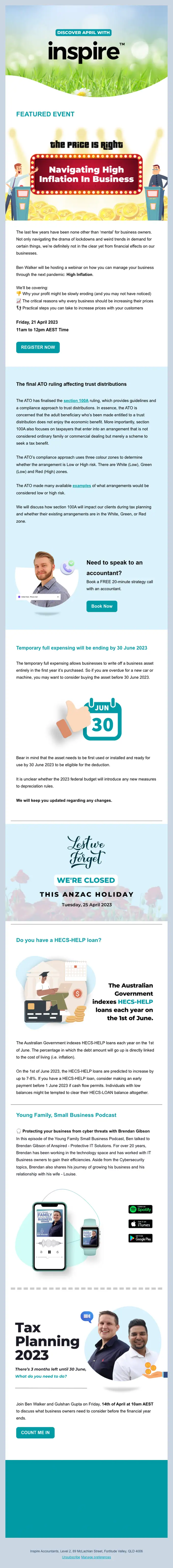 Inspire Accountants newsletter email, full length