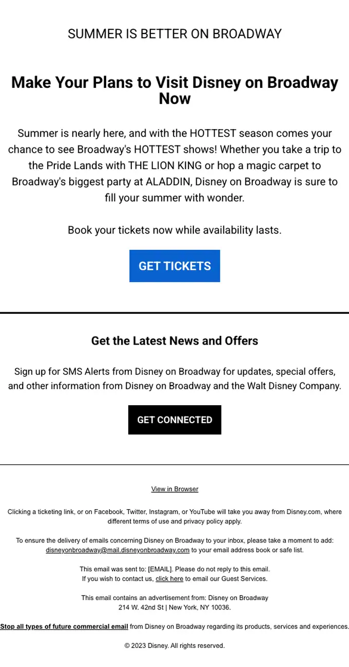 Disney on Broadway promotional email, full length