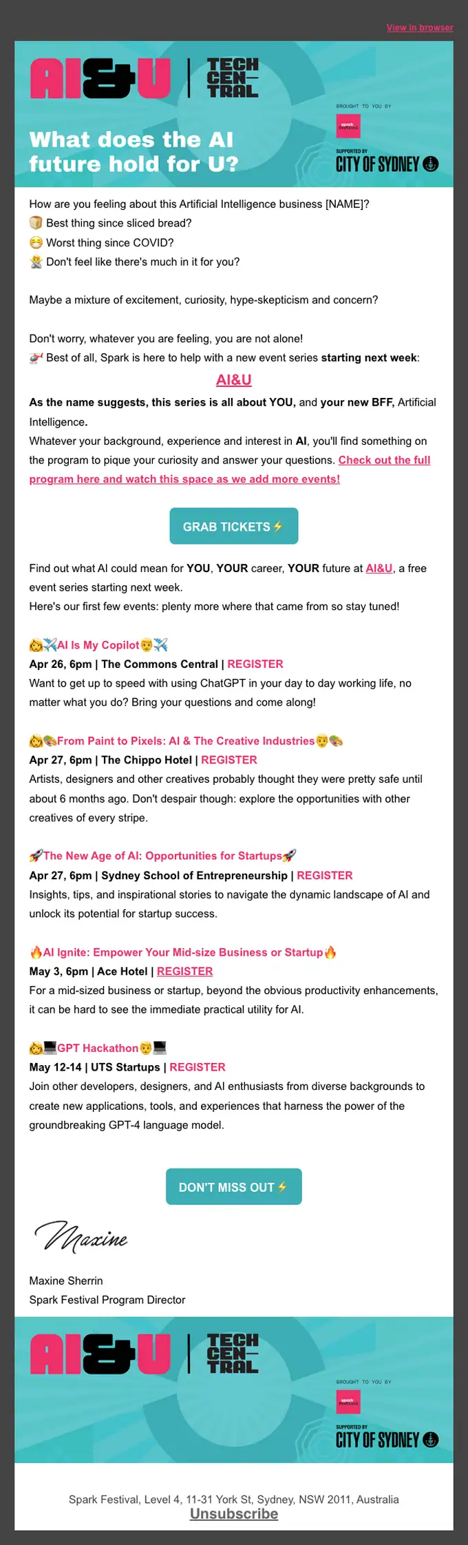Spark Festival event invite email, full length