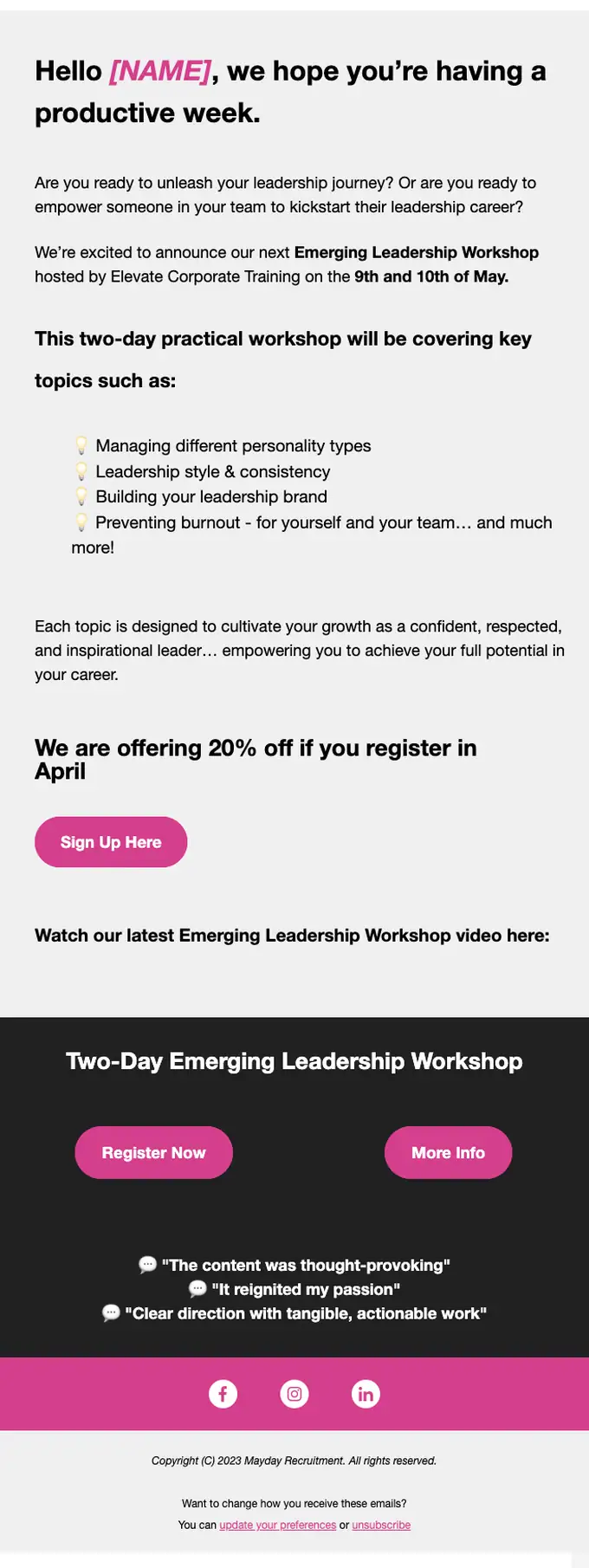 MAYDAY Recruitment Group promotional email, full length