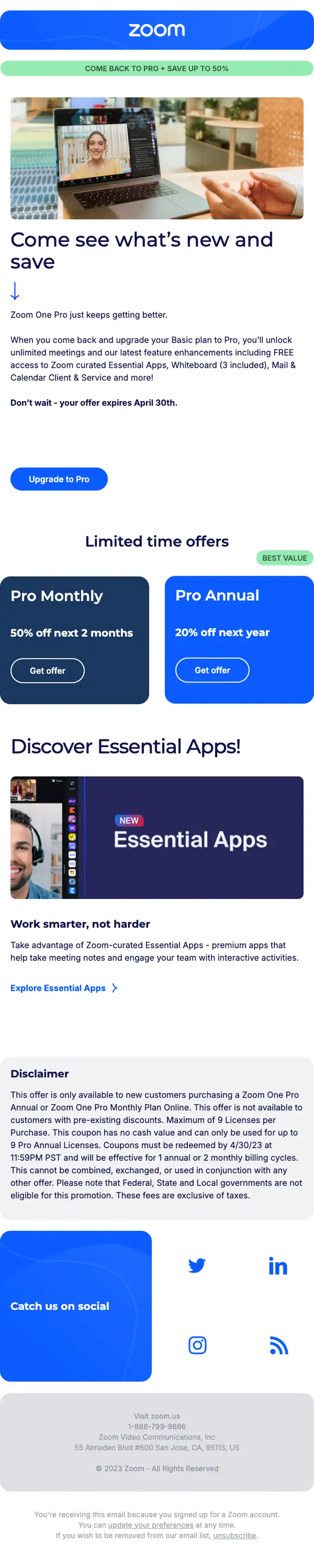 Zoom discount offer email, full length