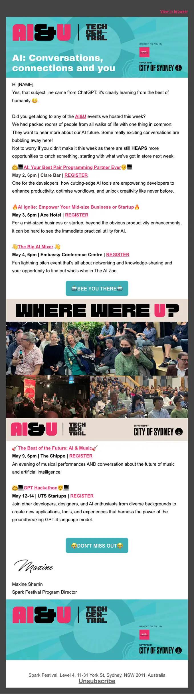 Spark Festival event invite email, full length