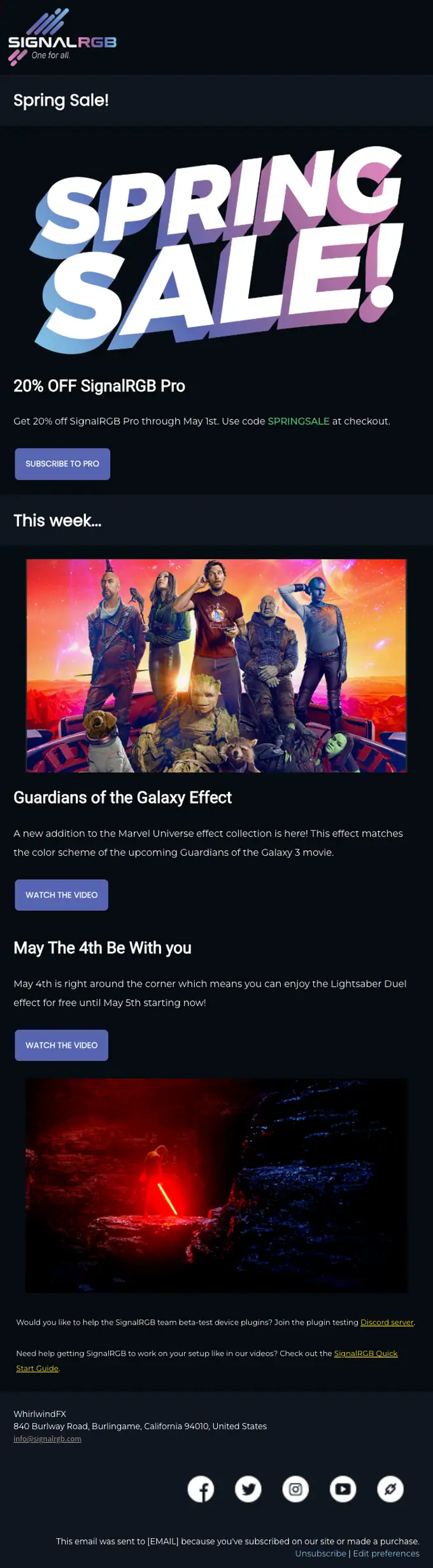 SignalRGB promotional email, full length