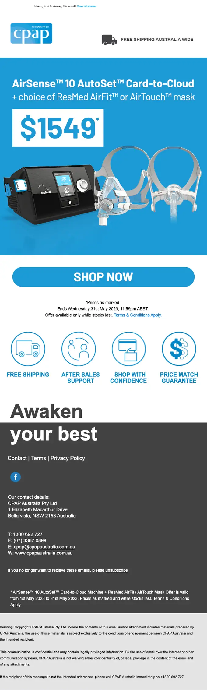 CPAP Australia promotional email, full length
