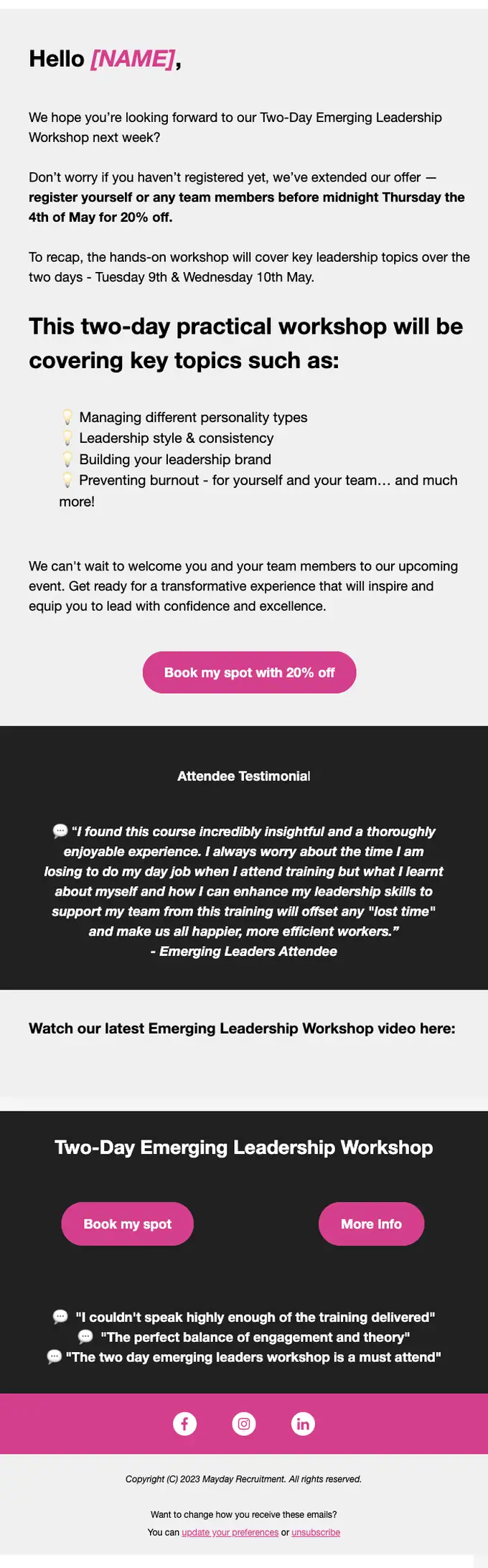 MAYDAY Recruitment Group event invite email, full length