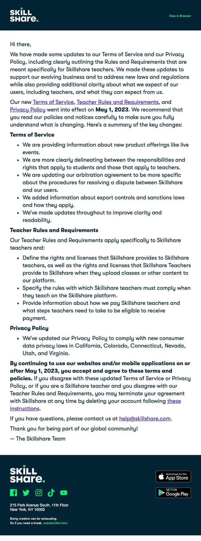 Skillshare account notice email, full length
