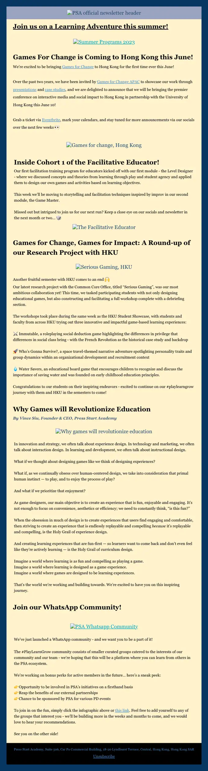 Press Start Academy newsletter email, full length