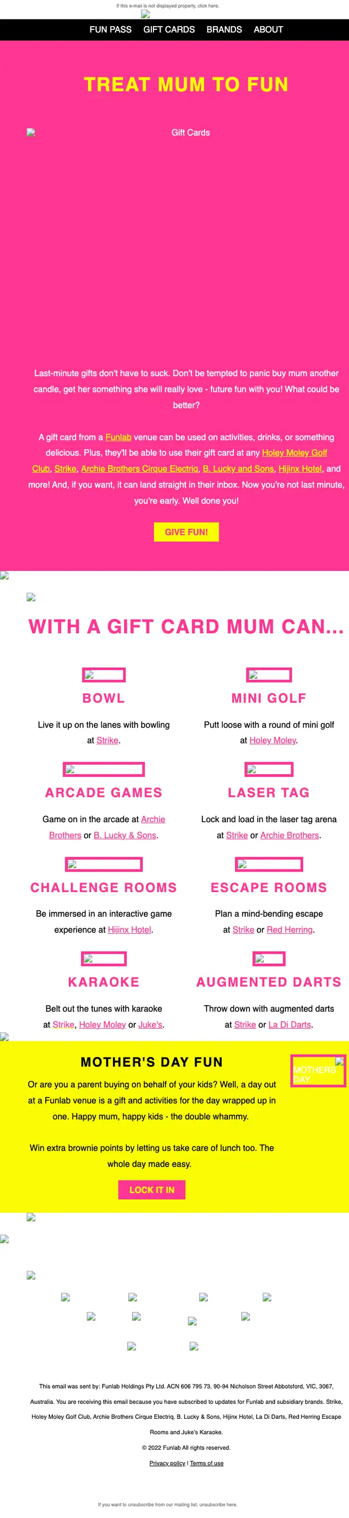 Funlab promotional email, full length