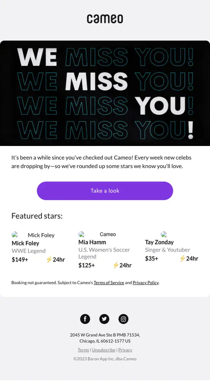 Cameo re engagement email, full length