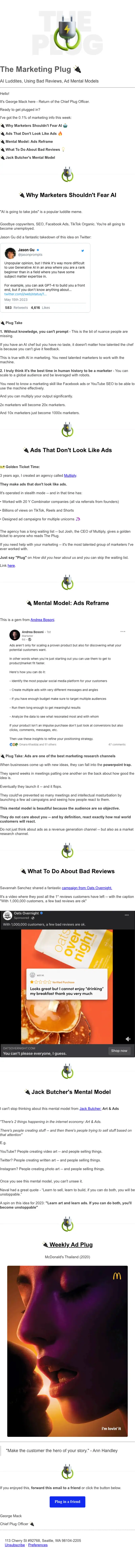 The Marketing Plug newsletter email, full length