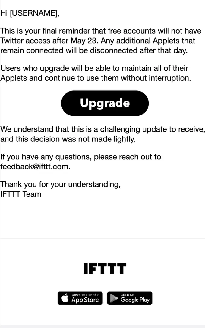 IFTTT expiration notice email, full length