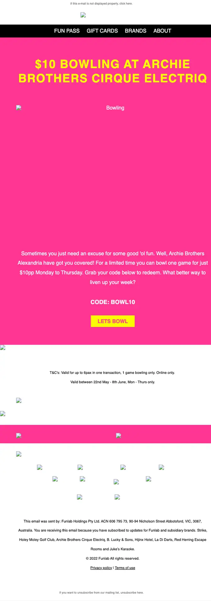 Funlab promotional email, full length