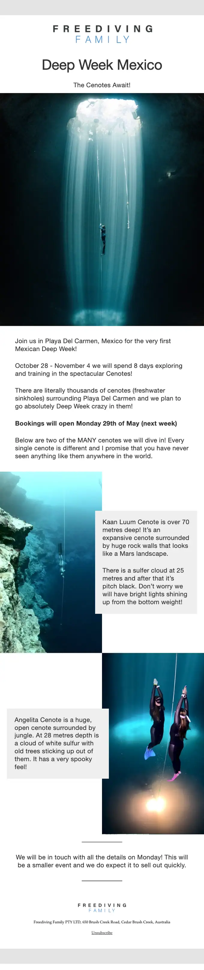 Freediving Family event invite email, full length