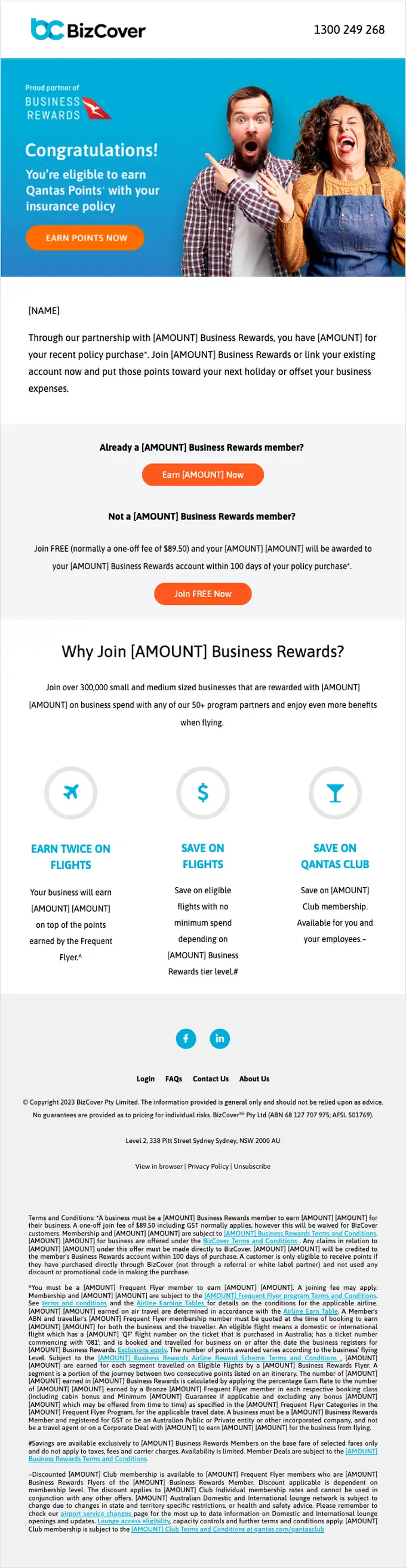 BizCover promotional email, full length