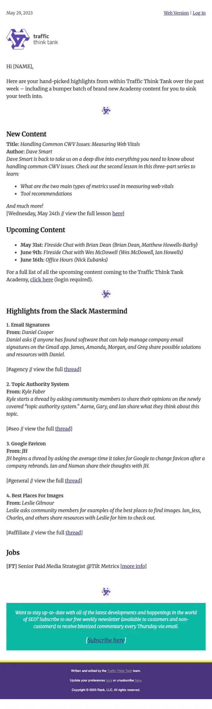 Traffic Think Tank digest email, full length