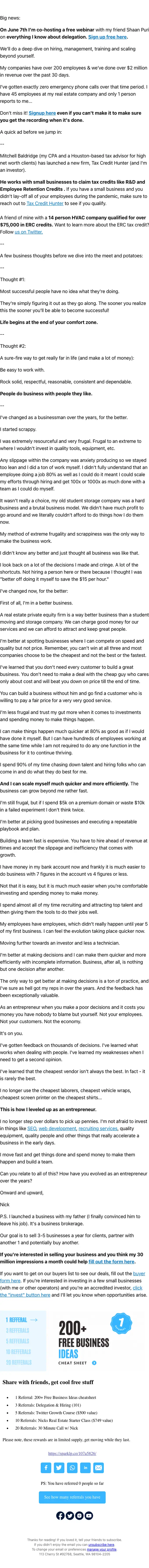 Sweaty Startup newsletter email, full length