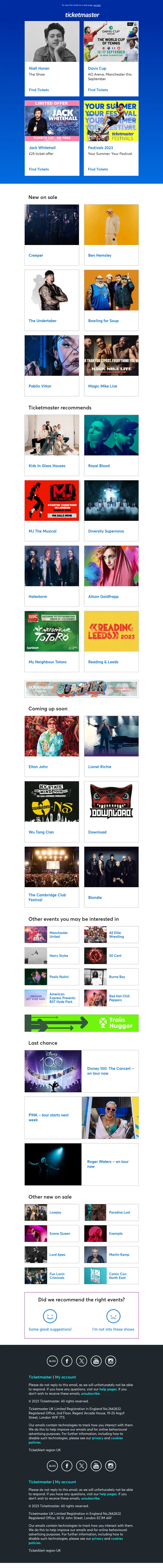 Ticketmaster newsletter email, full length