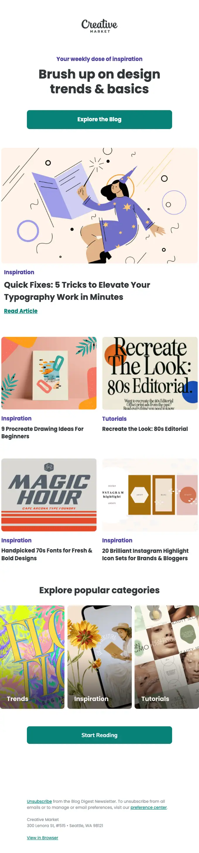 Creative Market newsletter email, full length