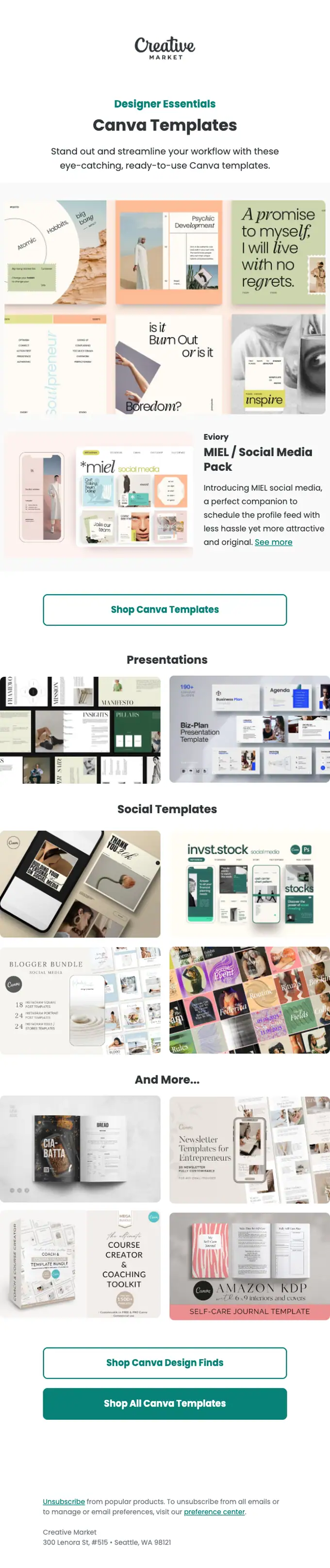 Creative Market promotional email, full length