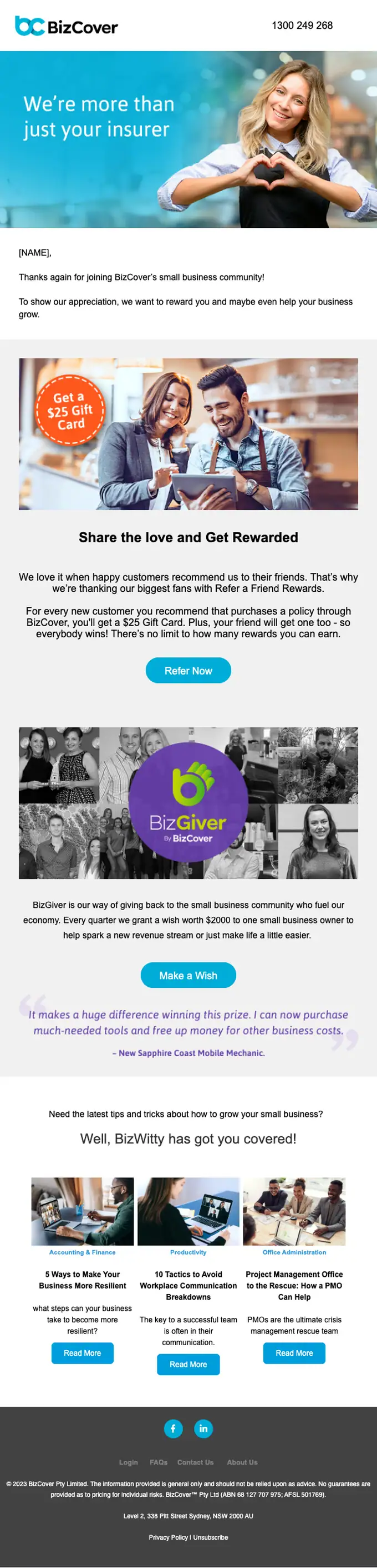 BizCover referral email, full length
