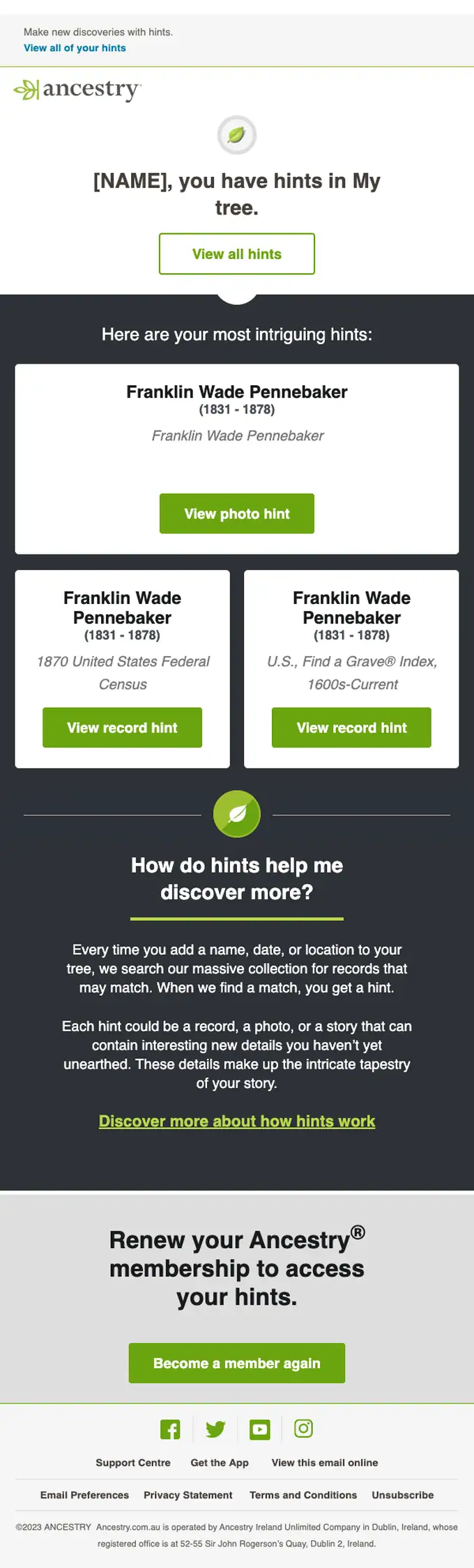 Ancestry re engagement email, full length
