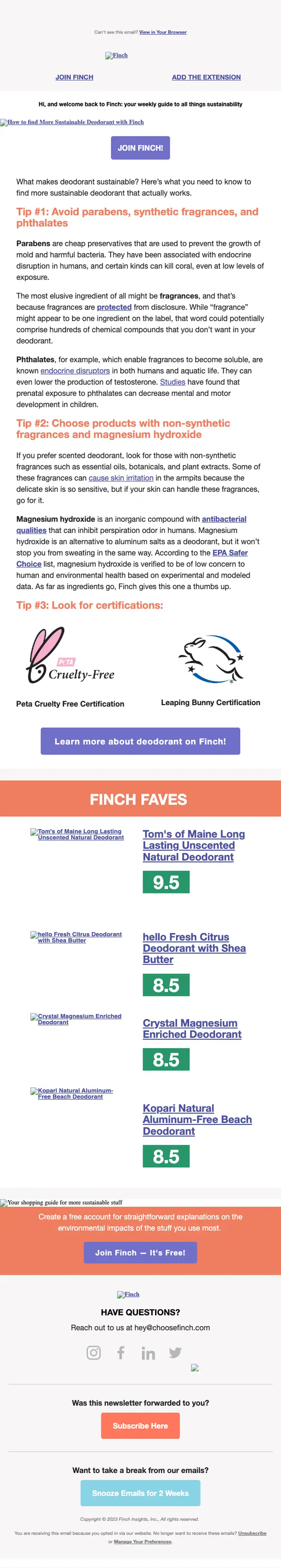 Finch newsletter email, full length