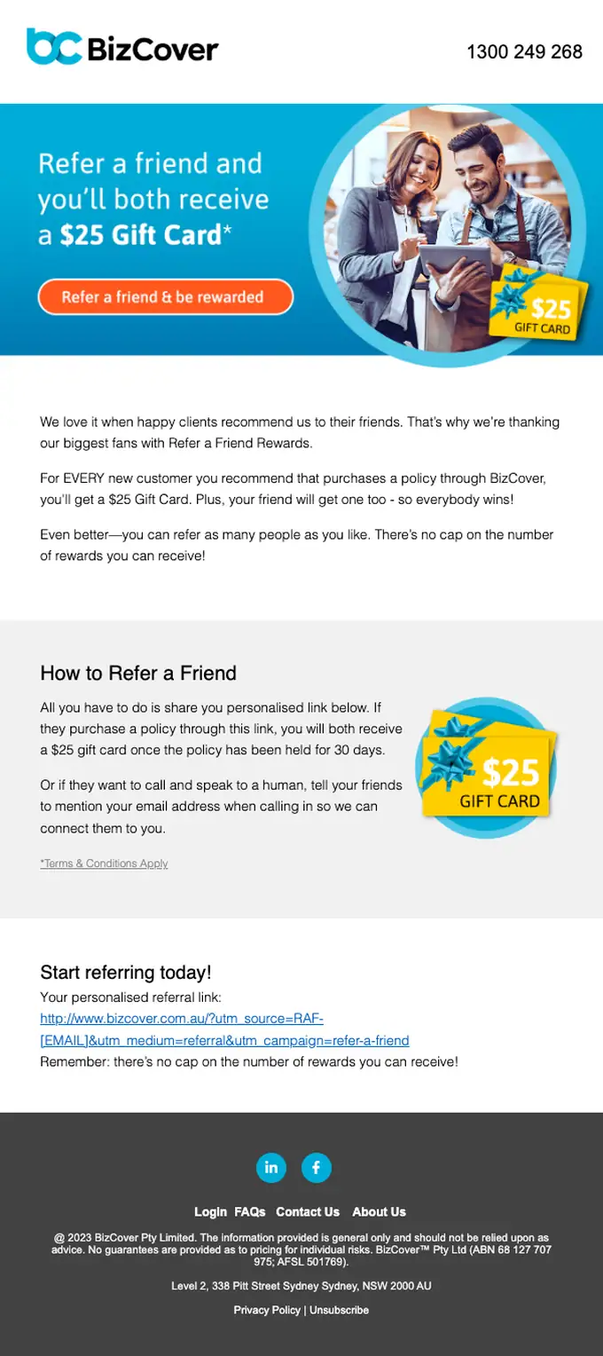 BizCover referral email, full length