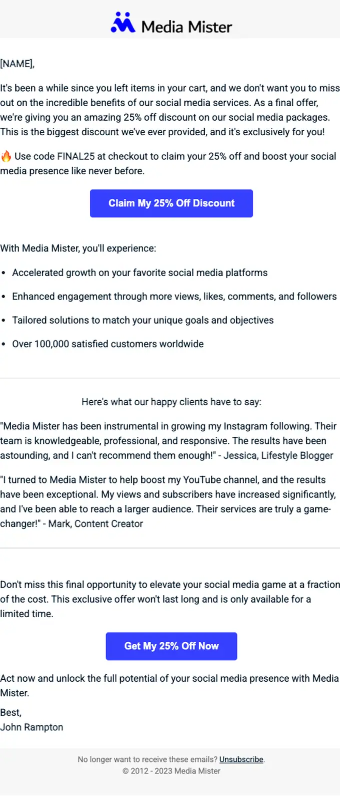 Media Mister discount offer email, full length