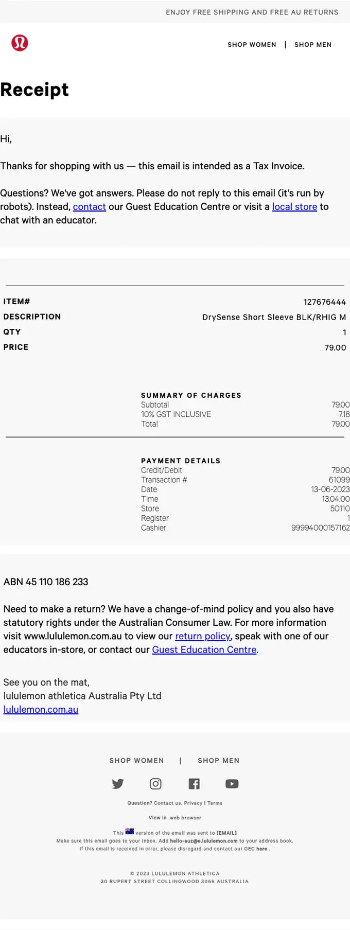 lululemon receipt email, full length