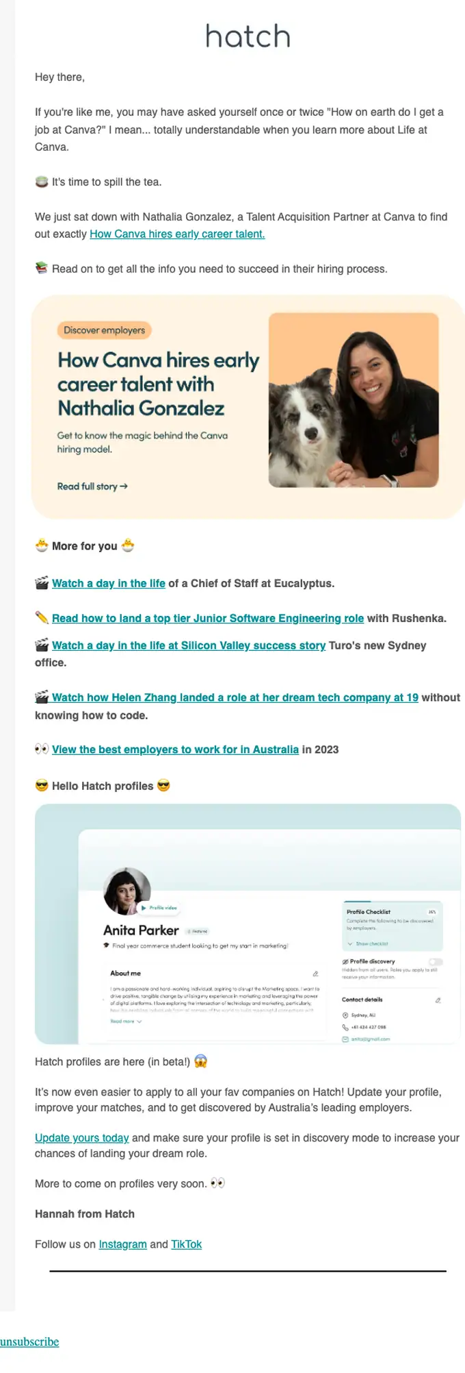 Hatch newsletter email, full length
