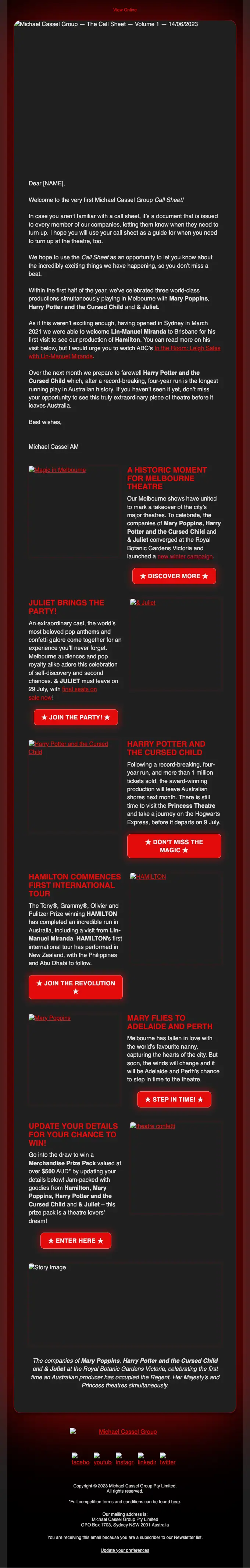 Michael Cassel Group newsletter email, full length