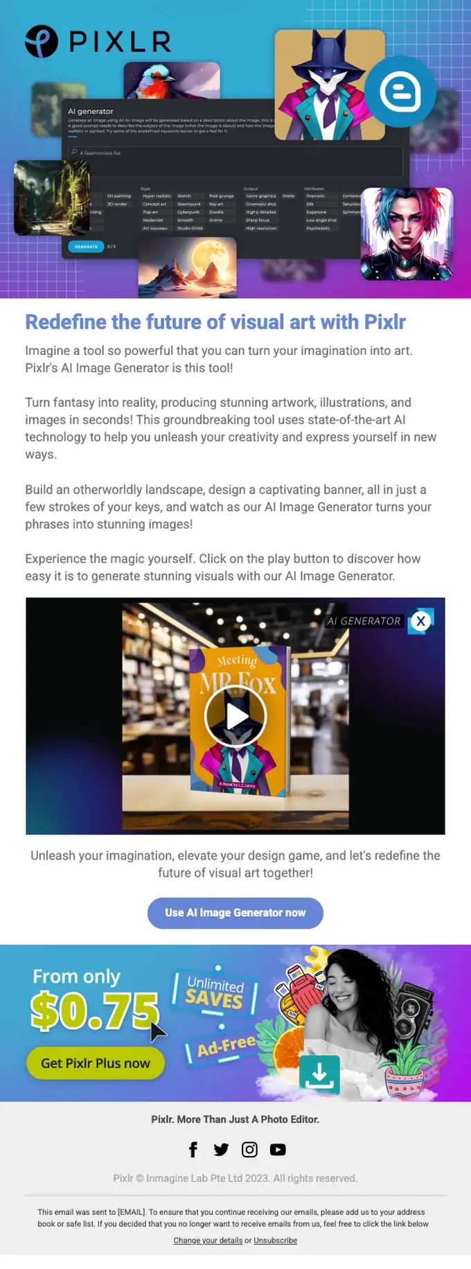 Pixlr product launch email, full length