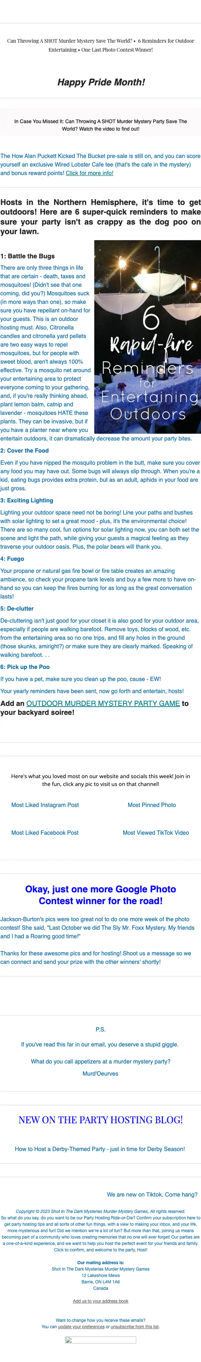 Shot In The Dark Mysteries newsletter email, full length