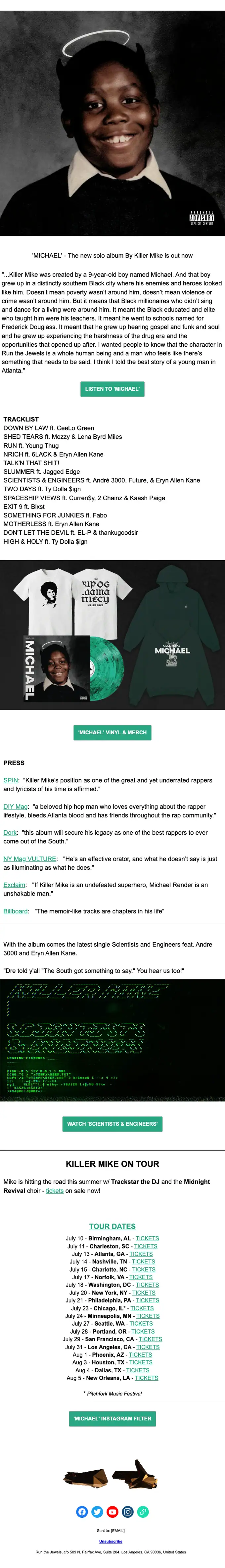 Run The Jewels product launch email, full length
