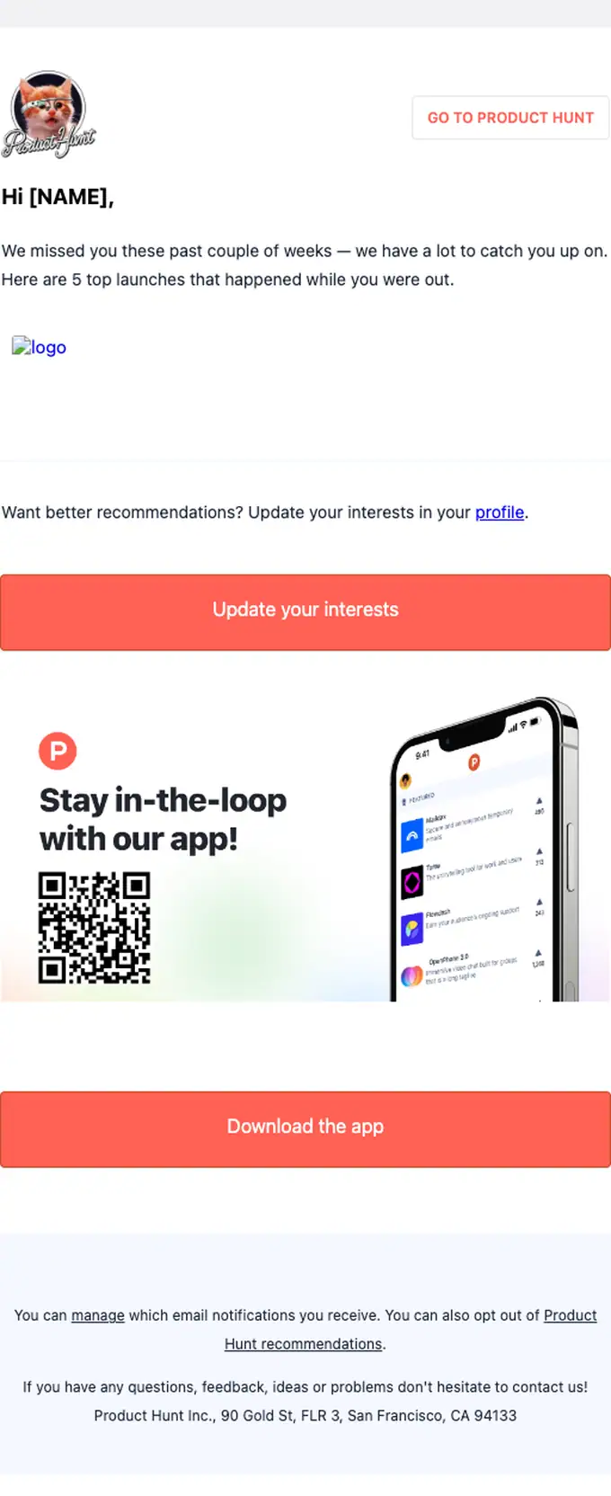 Product Hunt re engagement email, full length