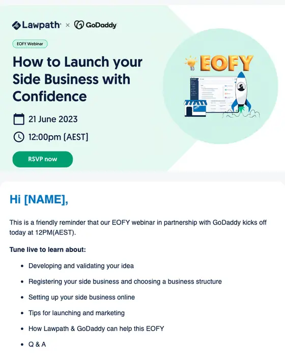 Lawpath webinar email: [Starting soon] Lawpath x GoDaddy EOFY Webinar