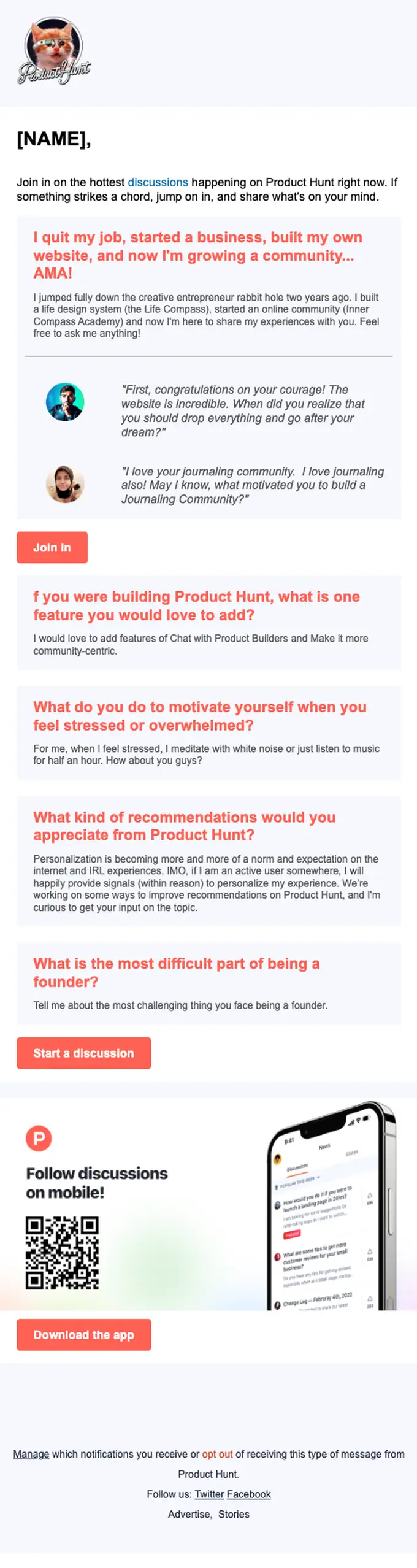 Product Hunt newsletter email, full length